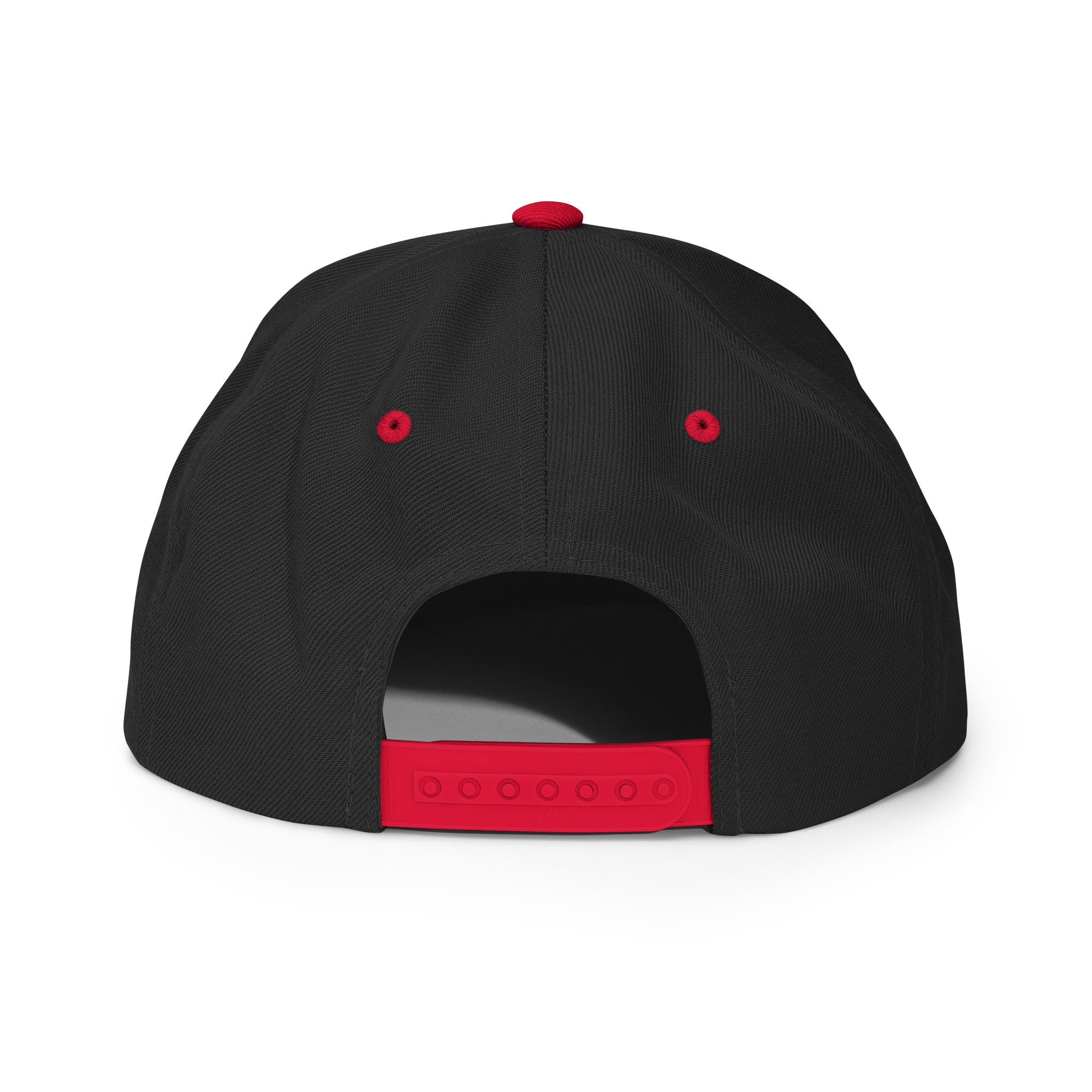 Black cap with red accents on a white background