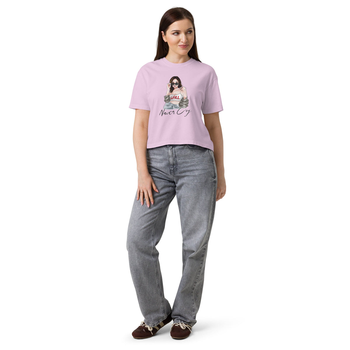 Women’s Never Cry Girl Heavyweight Boxy Tee – Empowered Streetwear Confidence - North fleece
