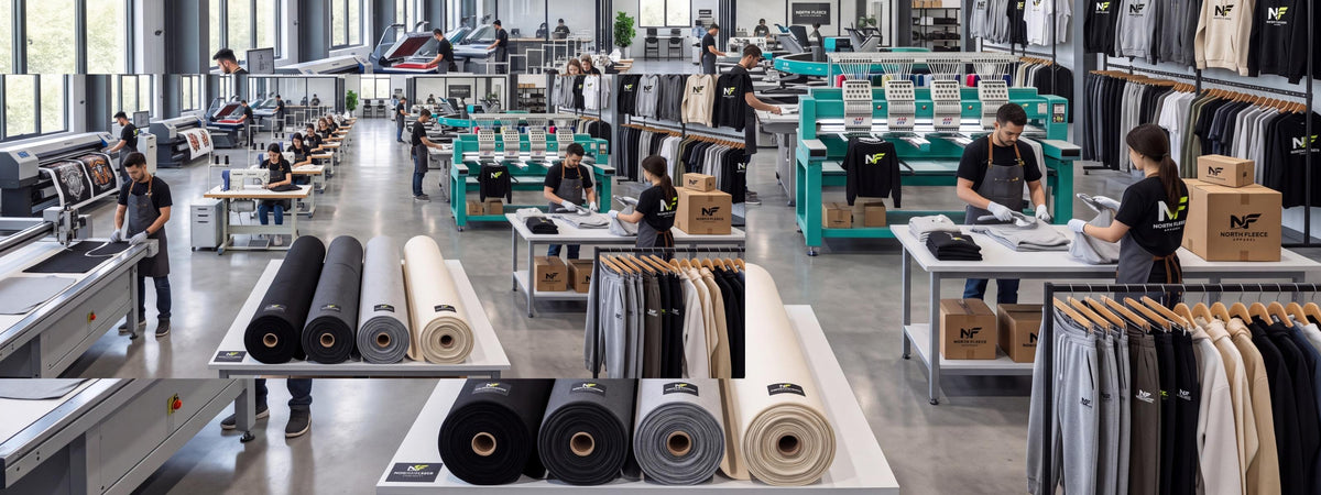A wide interior view of a garment manufacturing or tailoring workshop with multiple workers seated and standing at tables, sewing machines, racks of clothing, and large rolls of fabric displayed on tables in a bright industrial space.