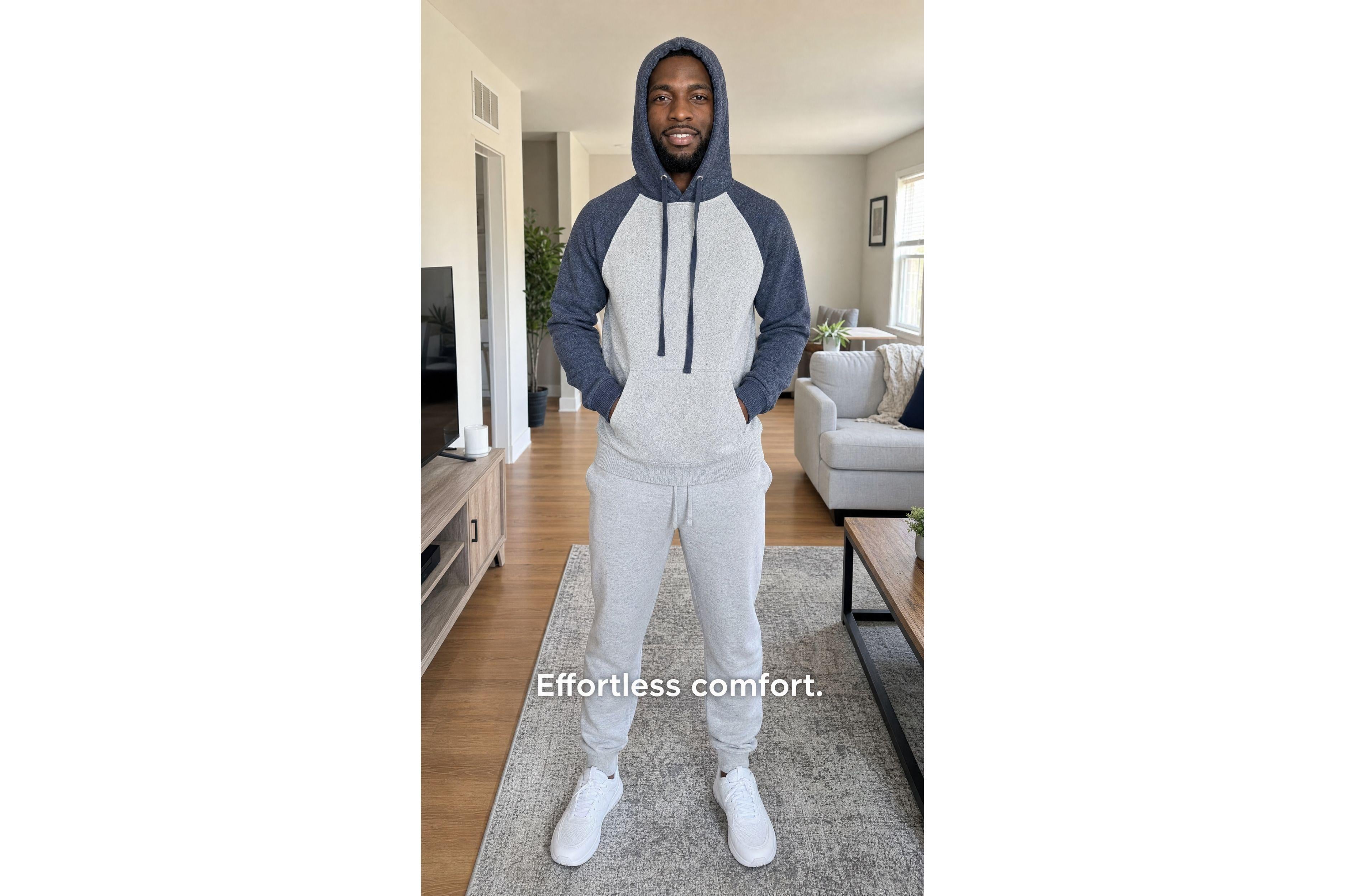 Man wearing a gray and blue hoodie with matching pants in a living room.