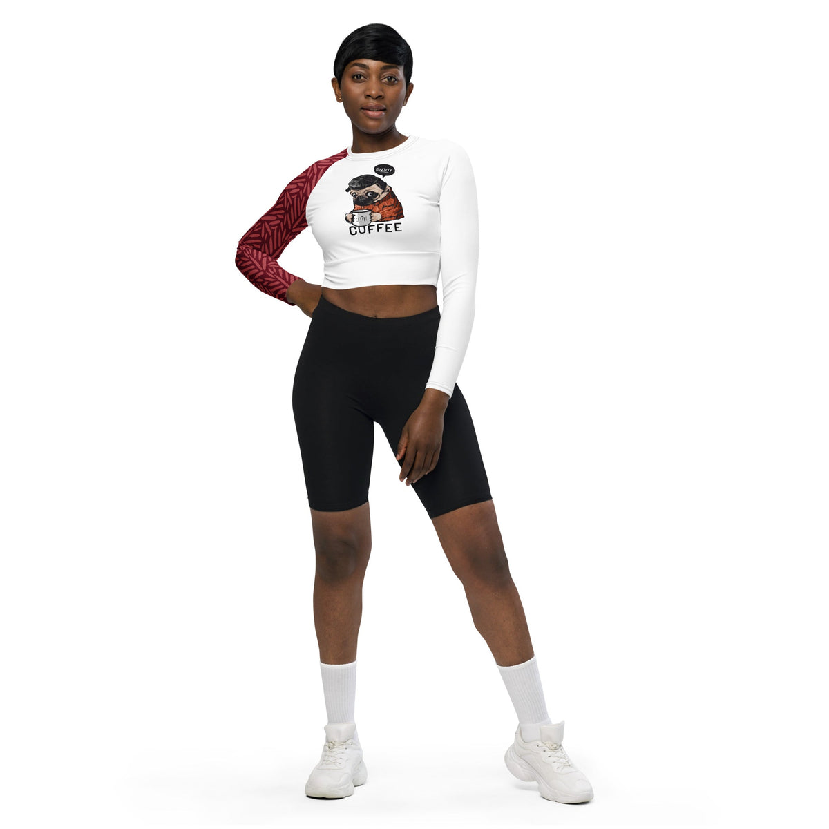 Coffee Pug Women’s Recycled Long‑Sleeve Crop Top – Eco‑Friendly Streetwear for Dog & Coffee Lovers - North fleece
