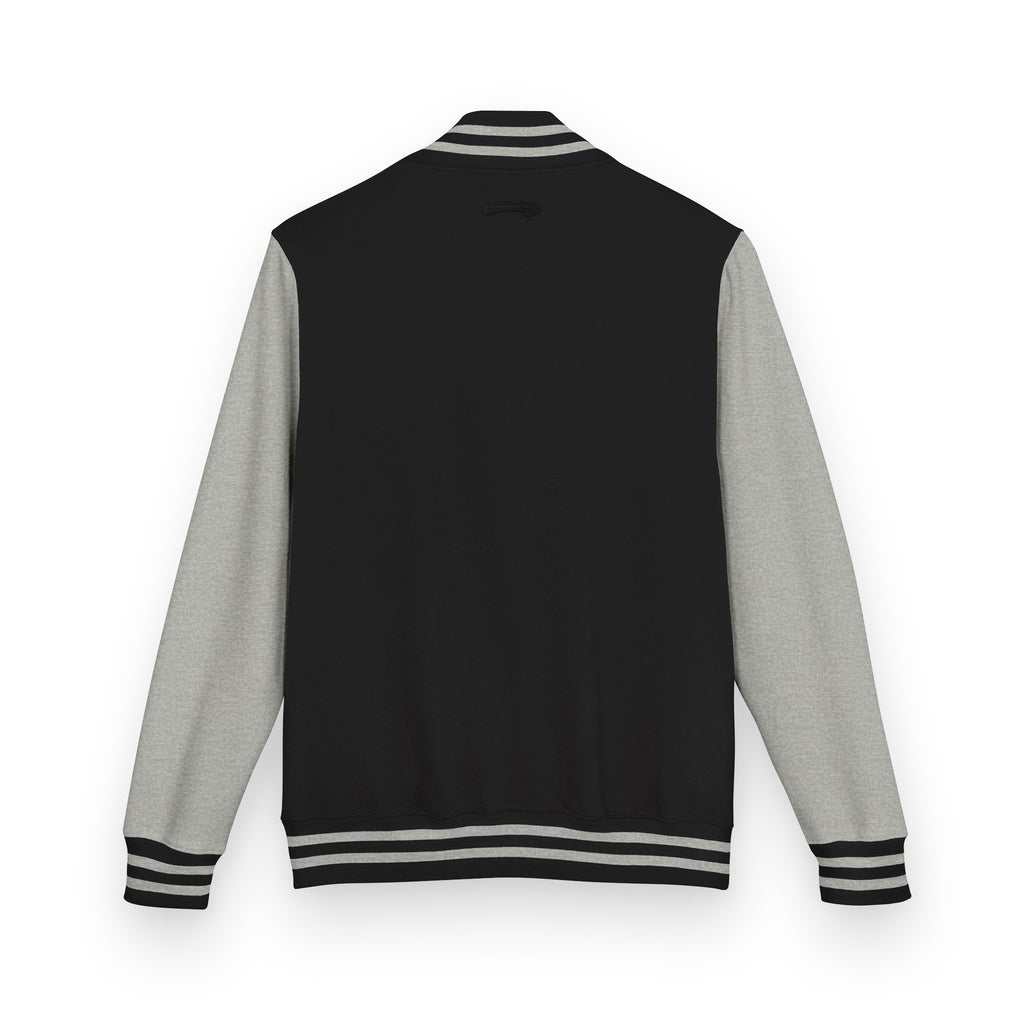 Black varsity jacket with gray sleeves on a white background