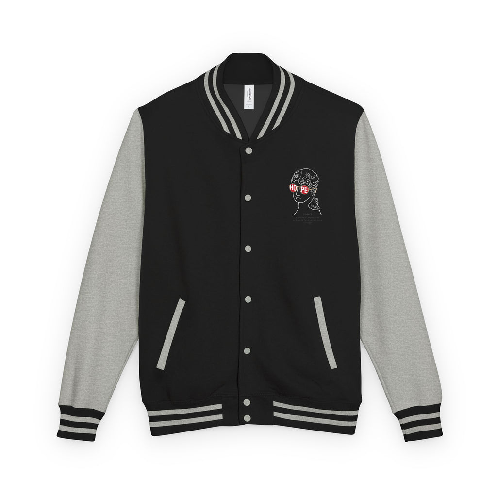Black and gray varsity jacket with a logo on a white background