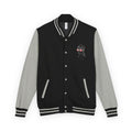 Black and gray varsity jacket with a logo on a white background